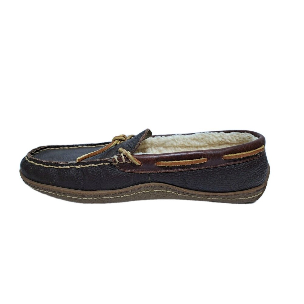 LL Bean Men's 8 Wicked Good Leather Shearling Moccasin Brown Slippers - Picture 3 of 10